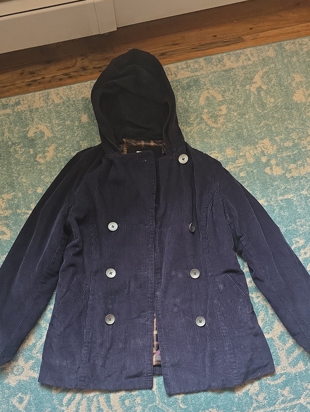 Women's Navy Hooded Double-Breasted Corduroy Coat